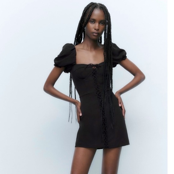 ZARA Black Puff Sleeve Corset Tie Criss Cross Mini Dress Cocktail MEDIUM NWT - Picture 2 of 11